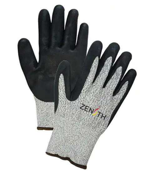 Paire de gants de travail Zenith avec paume noire en nitrile pour une prise sécurisée et dos en tissu gris résistant aux coupures, conçus pour la protection en milieu industriel.