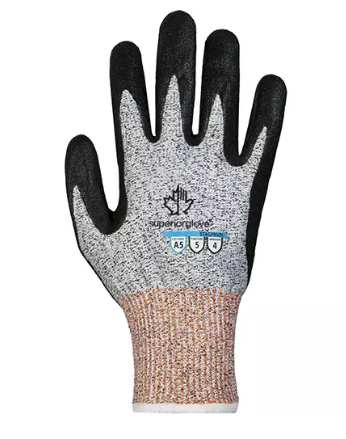 Gant de sécurité Superior Glove gris avec paume noire enduite pour une meilleure adhérence, niveau de protection contre les coupures A5, conçu pour les environnements industriels exigeants.