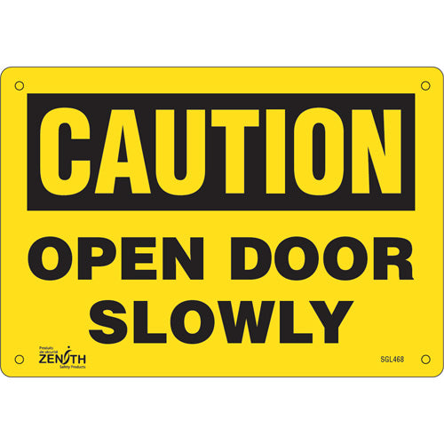 "Open Door Slowly" sign — English language sign for doors and entrances