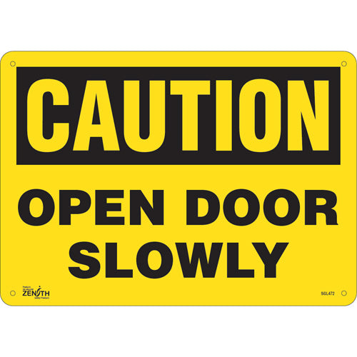 "Open Door Slowly" sign — English language sign for doors and entrances