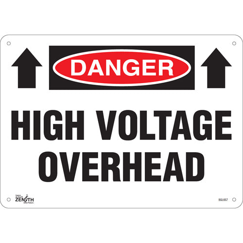 Enseigne «High Voltage Overhead», Anglais avec pictogramme — Signalisation sécurité