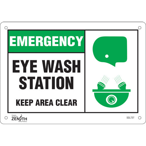 Enseigne «Eye wash Station Keep Area Clear», panneau de sécurité en anglais avec pictogramme