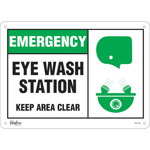 Enseigne «Eye wash Station Keep Area Clear», panneau de sécurité en anglais avec pictogramme