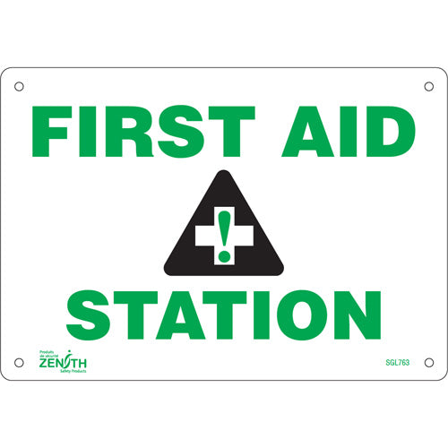 Enseigne «First Aid Station», Anglais avec pictogramme pour sécurité et premiers secours