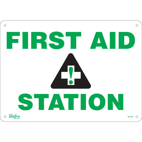 Enseigne «First Aid Station», Anglais avec pictogramme pour sécurité et premiers secours