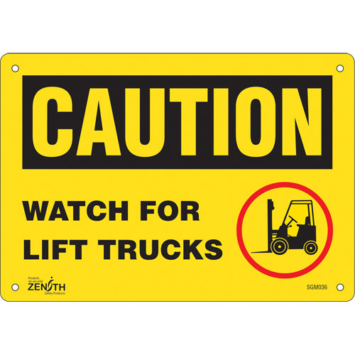 Enseigne de sécurité «Watch For Lift Trucks», Anglais avec pictogramme, signalisation