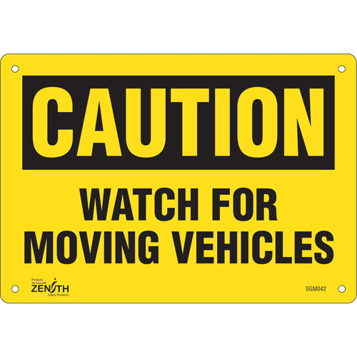 "Watch For Moving Vehicles" sign — Safety sign for moving vehicles
