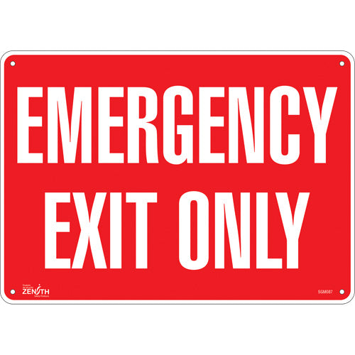 Enseigne «Emergency Exit Only» - Signalisation de sortie d'urgence en anglais int. et ext.