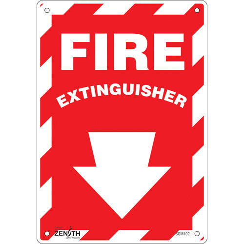 Enseigne de sécurité avec flèche vers le bas «Fire Extinguisher», Anglais avec pictogramme