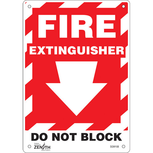 Enseigne avec flèche vers le bas «Fire Extinguisher Do Not Block», Anglais avec pictogramme