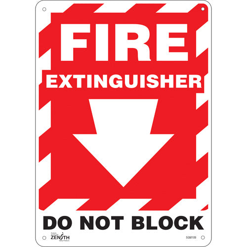 Enseigne avec flèche vers le bas «Fire Extinguisher Do Not Block», Anglais avec pictogramme