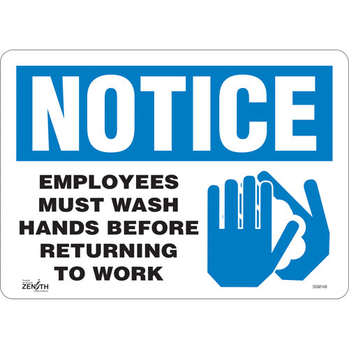 "Employees Must Wash Hands" sign, English with pictogram, health signage