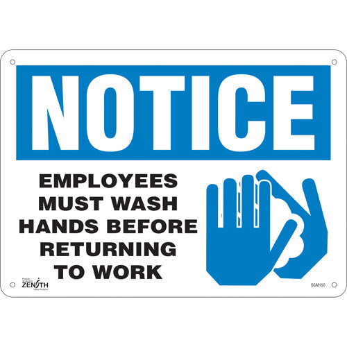 "Employees Must Wash Hands" sign, English with pictogram, health signage