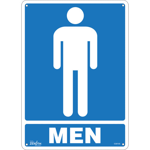 "Men" sign, English with pictogram for toilets and public spaces