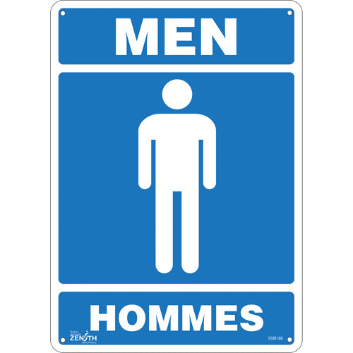 “Men - Hommes” sign, bilingual with pictogram for establishment