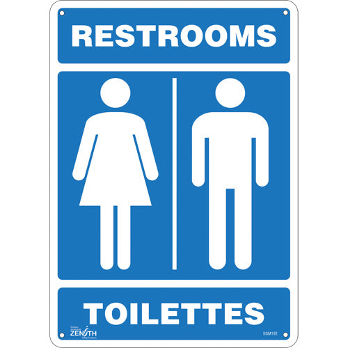 Bilingual “Restrooms - Toilets” sign with pictogram for signaling