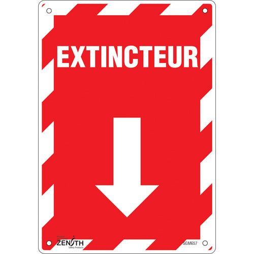 Enseigne avec flèche «Extincteur», signalisation de sécurité en Français avec pictogramme