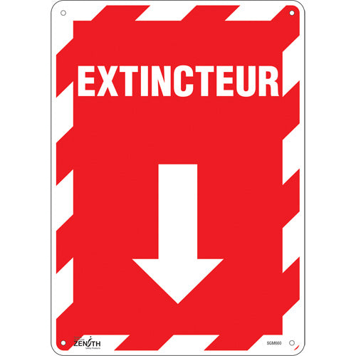 Enseigne avec flèche «Extincteur», signalisation de sécurité en Français avec pictogramme