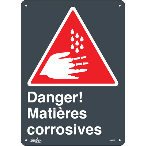 Enseigne «Matières Corrosives», 14" x 10", Français avec pictogramme de signalisation