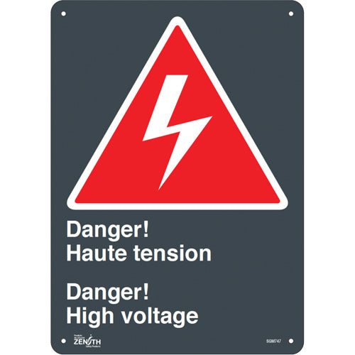 Enseigne «Haute Tension/High Voltage», panneau de sécurité bilingue avec pictogramme