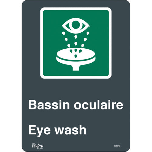 “Eye Wash” sign, bilingual with safety pictogram