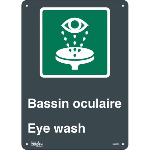 “Eye Wash” sign, bilingual with safety pictogram