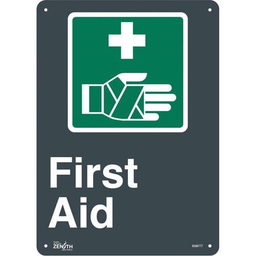Enseigne «First Aid» en anglais avec pictogramme, panneau signalétique de sécurité
