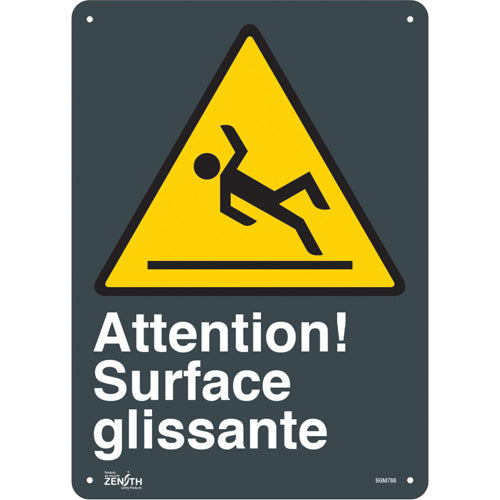 Enseigne «Surface Glissante», panneau 14" x 10", Français avec pictogramme de sécurité