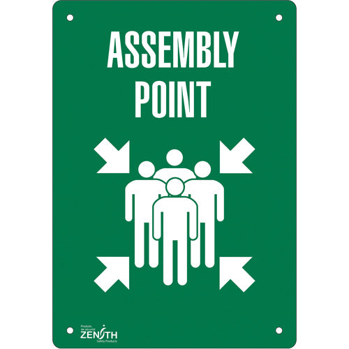 Enseigne «Assembly Point», signalisation de rassemblement, Anglais avec pictogramme