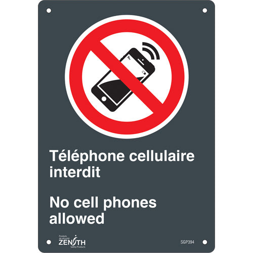 No Cell Phones Sign, 10" x 7", Aluminum, Bilingual with Pictogram - SGP394