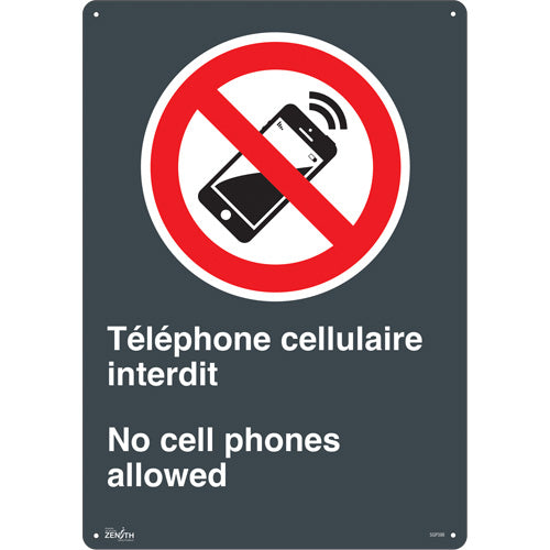 No Cell Phones Sign, 20" x 14", Plastic, Bilingual with Pictogram - SGP398