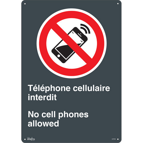 Enseigne «Téléphone cellulaire interdit /No Cell Phones», 20" x 14", Aluminium, Bilingue avec pictogramme - SGP399