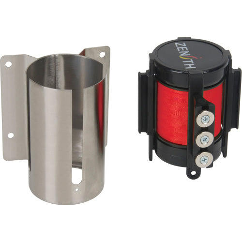 Barrière à fixation murale avec ruban magnétique, Acier, Fixation par vis, 12', Ruban Rouge - SGR016