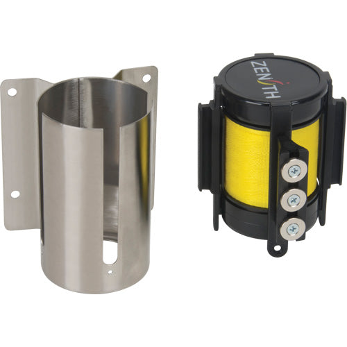 Barrière à fixation murale avec ruban magnétique, Acier, Fixation par vis, 12', Ruban Jaune - SGR019