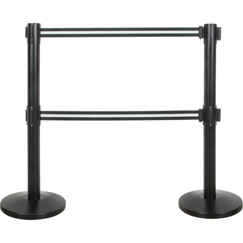 Barrière pour le contrôle des foules à courroie double, Acier, 35" h, Ruban Noir/Blanc, Longueur du ruban 7' - SHA663