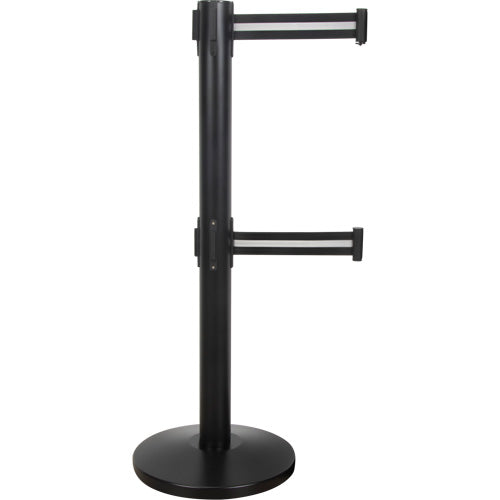 Barrière pour le contrôle des foules à courroie double, Acier, 35" h, Ruban Noir/Blanc, Longueur du ruban 7' - SHA663