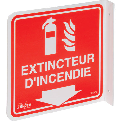90° Projection Sign "Fire Extinguisher", 8" x 8", Plastic, French with Pictogram - SHG576