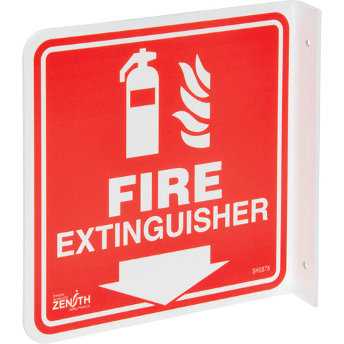 "Fire Extinguisher" 90° Projection Sign, 8" x 8", Plastic, English with Pictogram - SHG578