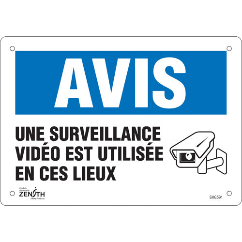 "Video Surveillance" Sign, 7" x 10", Plastic, French with Pictogram - SHG591