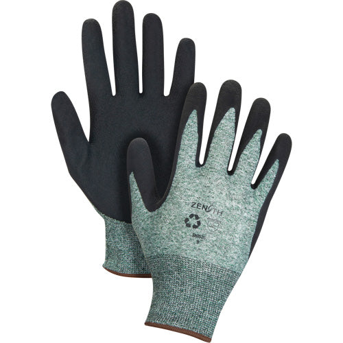 Eco-friendly coated gloves with crimped latex foam grip, 15 gauge, Nylon/rPET shell