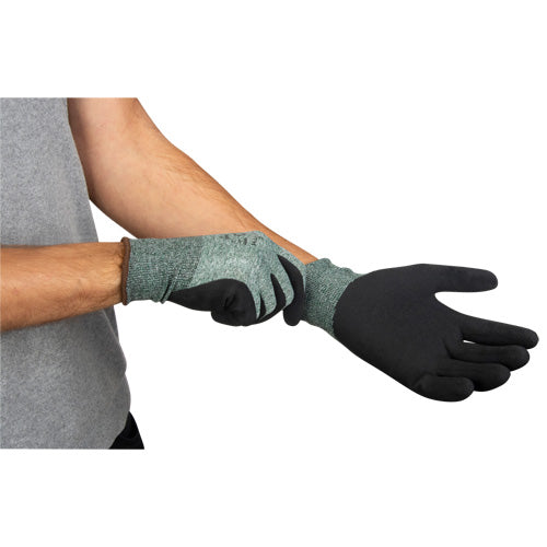 Eco-friendly coated gloves with crimped latex foam grip, 15 gauge, Nylon/rPET shell
