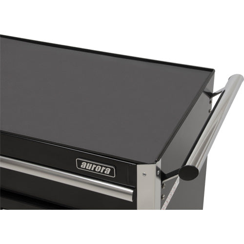 Chariot à outils industriel noir avec poignée en métal chromé et surface supérieure plate.