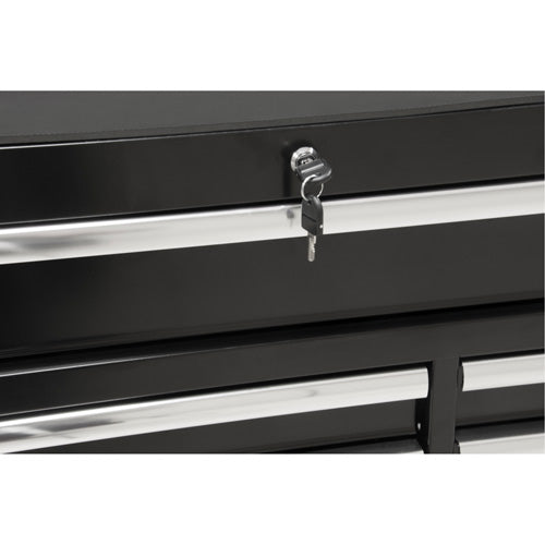 Chariot à outils noir industriel avec 11 tiroirs et serrure métallique, poignées argentées.