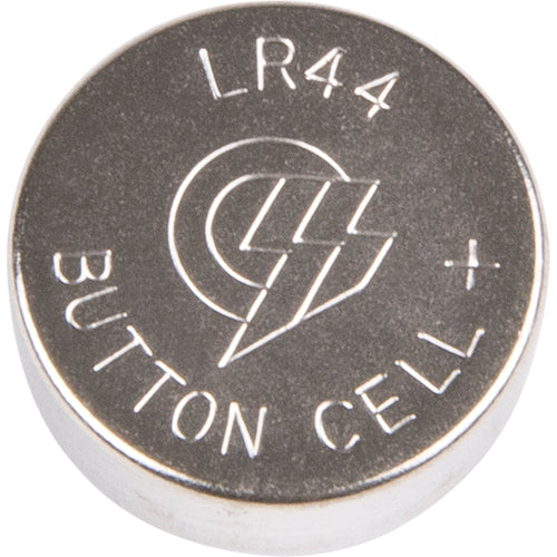 Pile bouton LR44 1,5 V ronde en métal argenté avec marquage gravé.