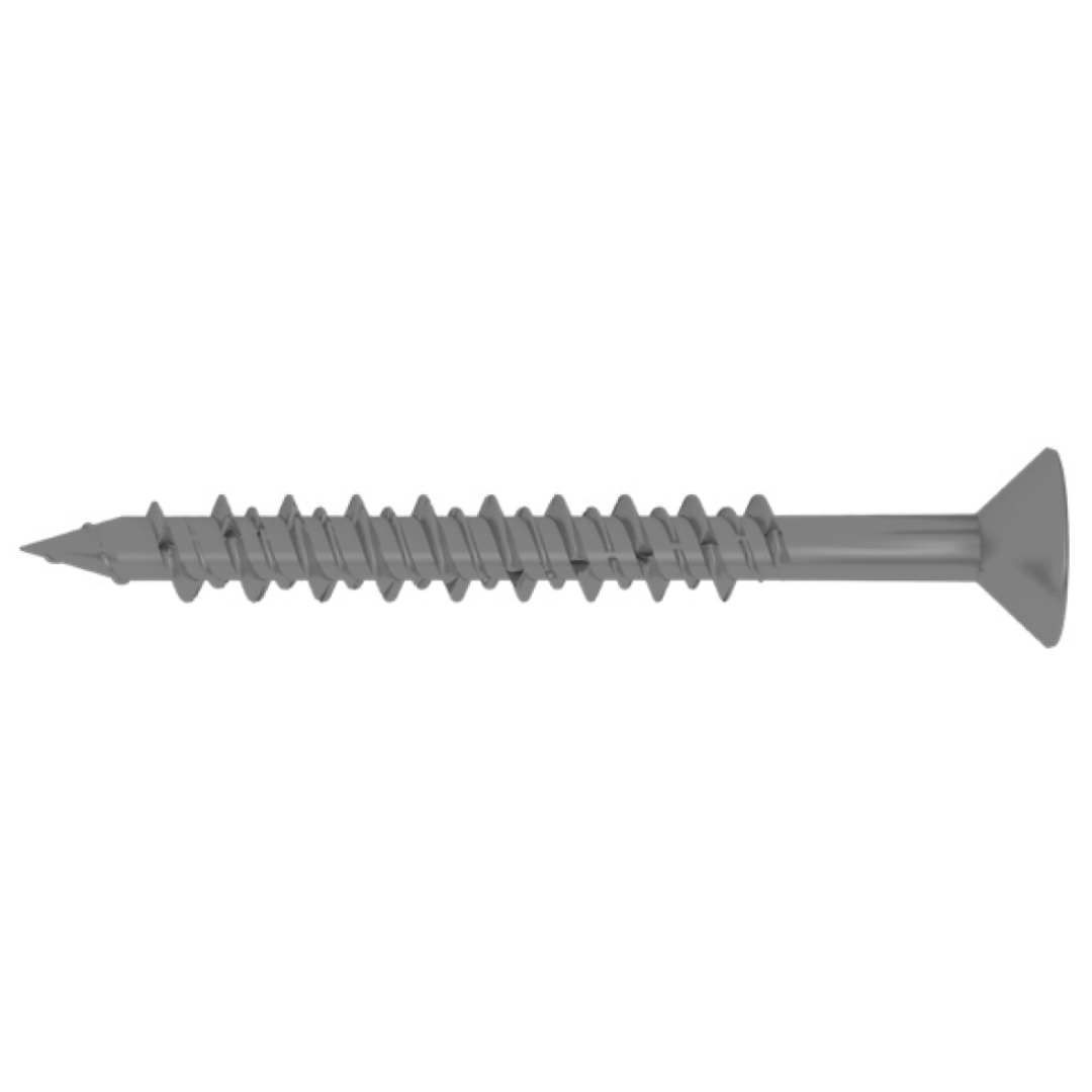 Gray concrete screw with countersunk head and dual thread, side view