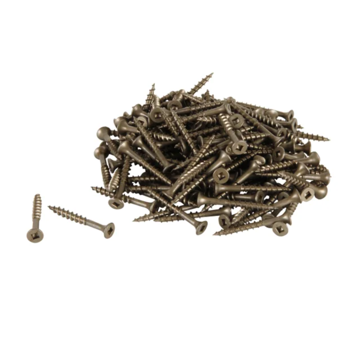 Tas de vis à bois brunies avec tête fraisée carrée, conçues pour la fixation extérieure dans des structures en bois traité ou non traité.