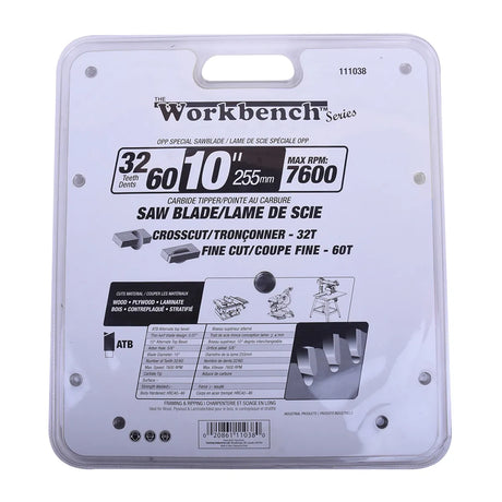 Back of Workbench 10 in. two-blade circular saw pack, 32 and 60 teeth