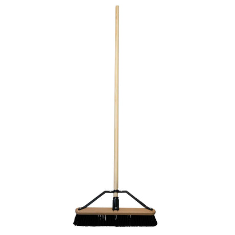 24 in. industrial push broom with stiff black bristles and braced wood handle