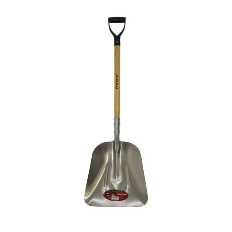Aluminum grain scoop shovel with wood handle and D-grip