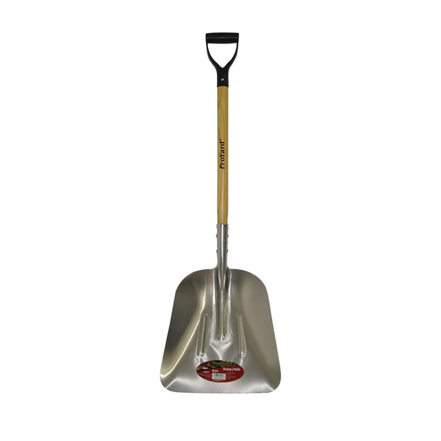 Aluminum grain scoop shovel with wood handle and D-grip